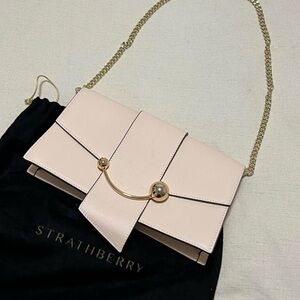 Strathberry Pink Clutch with Gold Chain